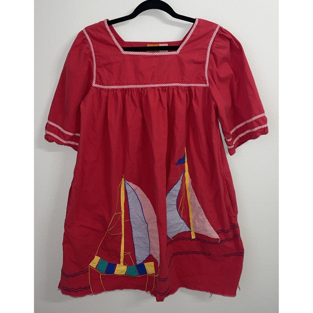 Vintage Sea Wind 100% cotton Red Sail Boat midi dress Sz M coastal beachy